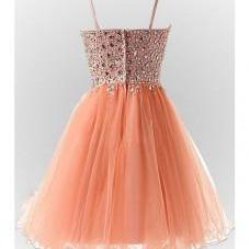 Hot A Line Spaghetti Straps Above Knee Tulle Prom Dress With Crystal On