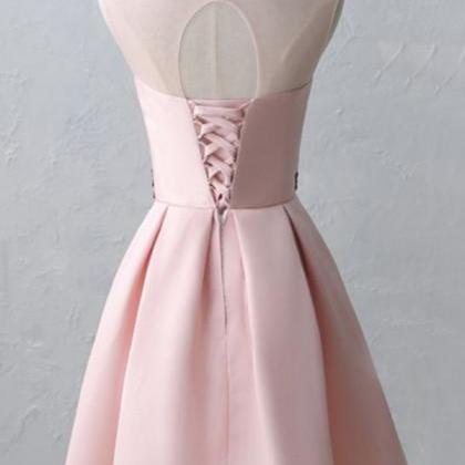 A-Line Knee-Length Cold Shoulder Pink Satin Homecoming Dress With Lace  PD121 main image 1