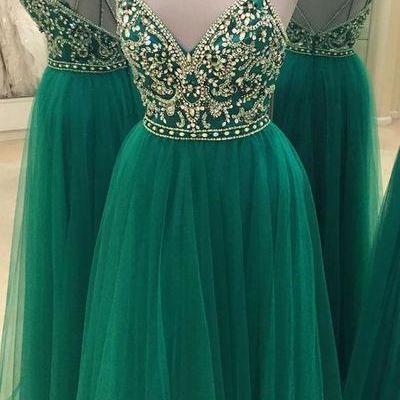 Green Beaded Prom Dress, Backless T..