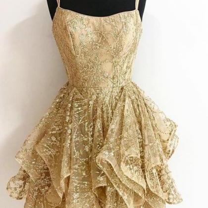 A-line Sequins Gold Short Prom Dres..
