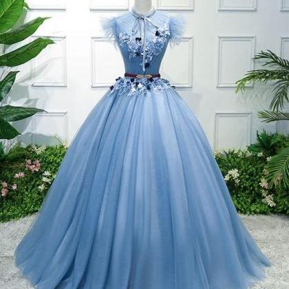 Blue high neck tulle blue long prom..