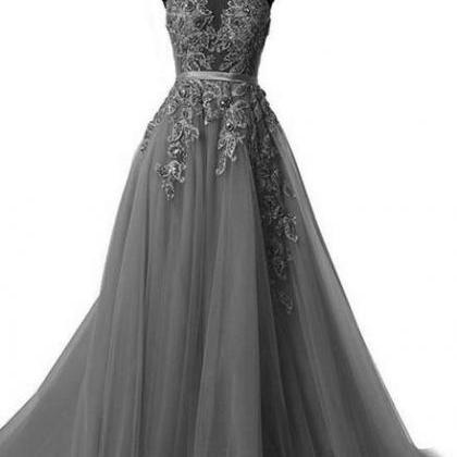 Grey Halter Lace Applique Tulle Formal Gowns, Grey..