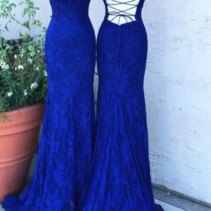 Royal Blue Lace Mermaid Long Prom D..