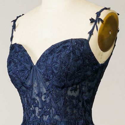A Line Spaghetti Straps Navy Blue T..