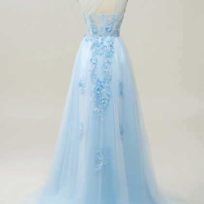 Gentle Sky Blue A-Line One Shoulder..