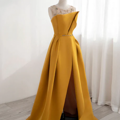 Yellow Satin Beaded Long Prom Dress..