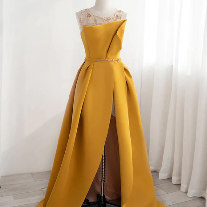 Yellow Satin Beaded Long Prom Dress..