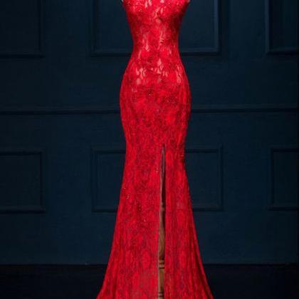 Red Prom Dress,Lace Prom Dress,Spli..