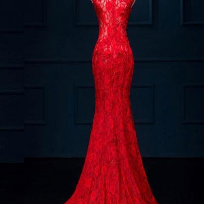 Red Prom Dress,Lace Prom Dress,Spli..