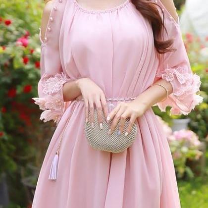 Pink Prom Dress,Middle Sleeve Prom ..