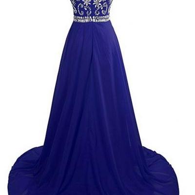 Luxury navy blue chiffon beading rhinestone round neck long prom dresses