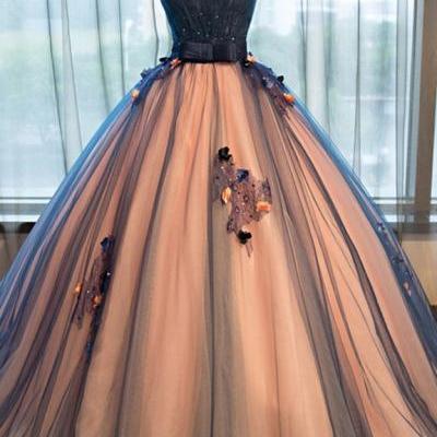 Pretty tulle prom dress,v-neck applique prom dress,A-line long evening dresses ,ball gown dress