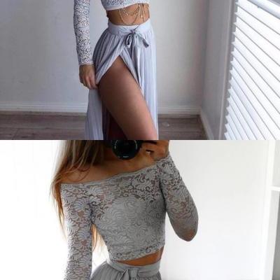 Two Piece Lace Prom Dress,Off The Shoulder Prom Dress,Long Sleeves Prom Dress,Spit Leg Grey Prom Dress