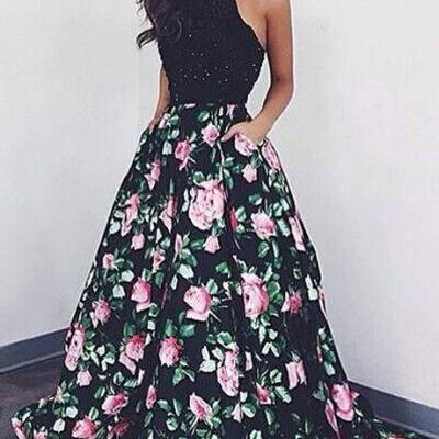 Halter A-Line Prom Dress, Floral Backless Prom Dress, Black Long Prom Dress