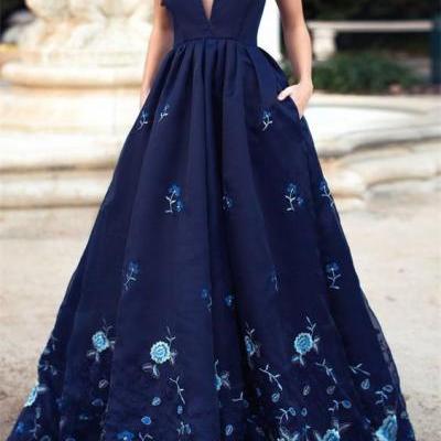 Elegant Sweetheart Prom Dress, Navy Blue Long Prom Dress, Sleeveless Embroidery Prom Dress