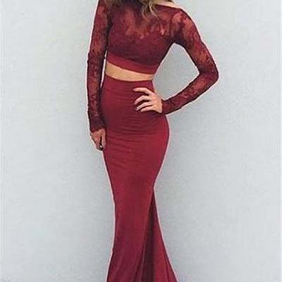 Burgundy Lace Prom Dress, Long Sleeve Two Piece Prom Dress, Mermaid Floor Length Prom Dress