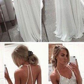 Long Chiffon Prom Dress, A-Line White Prom Dress, Spaghetti Strap Open Back Prom Dress
