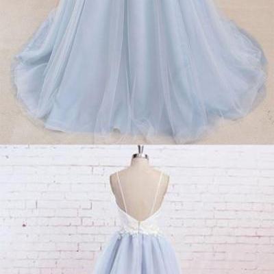Simple Spaghetti Straps Prom Dress, Sweetheart Long Prom Dress, Light Blue Backless Prom Dress