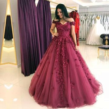Elegant Lace Appliques Prom Dress, Off Shoulder Long Prom Dress, Tulle Ball Gowns