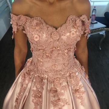 off shoulder sweetheart prom dress, satin lace flower beaded prom dress, sweetheart long prom dress