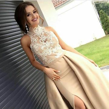 Ivory Lace Appliques Prom Dress, Sleeveless Long Prom Dress, Champagne A-Line Evening Dresses 2018