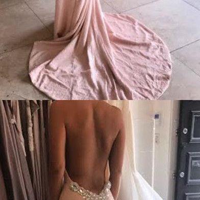 Pink Halter Prom Dress, Sexy Mermaid Prom Dress, Backless Sweep Train Prom Dress