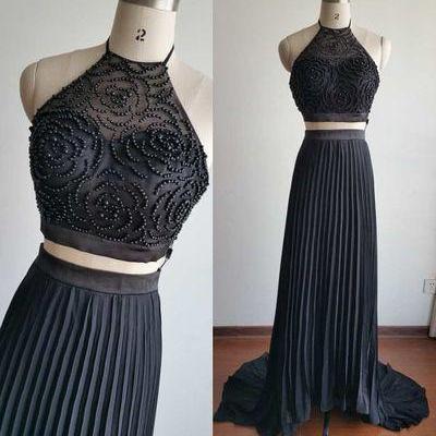 Black Two Pieces Prom Dress, Beaded Formal Dress, Halter Long Prom Dress