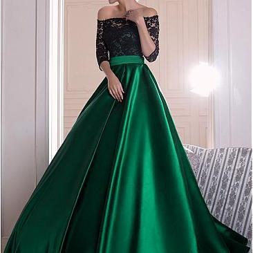 Graceful Lace Prom Dress, Green Satin Long Prom Dress, Off-the-shoulder A-line Evening Dress With Pleats