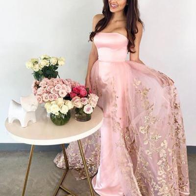 Pink Satin Prom Dress, Strapless Beaded Prom Dress, Lace Appliques Long Prom Dress