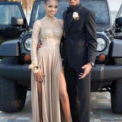 simple prom dresses, long prom dress, chic grey a-line party dresses with beading, long sleeves evening gowns