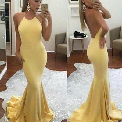 Yellow Halter Prom Dress, Backless Long Party Dress, Mermaid Stain Evening Dress