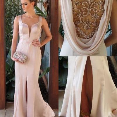 Handsome Beading Prom Dress, Slit Side Long Party Dress, Stain Evening Dress