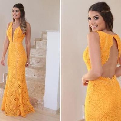 Yellow Lace Prom Dress, V-Neck Long Party Dress, Backless Mermaid Evening Dress