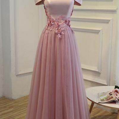 Charming Pink Satin and Tulle Off Shoulder Formal Dresses, Pink Party Dresses, Prom Dress