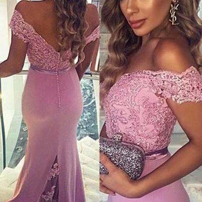 Modest Mermaid Off-the-shoulder Lavender Satin Prom/Evening Dress with Beaded Lace Appliques