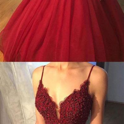 Unique v neck beads tulle burgundy long prom dress, burgundy evening dress 50045