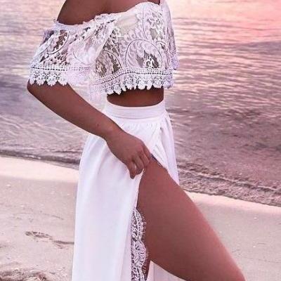Sexy Off Shoulder Prom Dress, White Long Party Dress, Two Piece Slit Evening Dress 51403