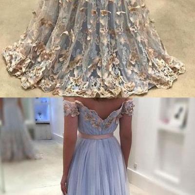 Charming A-line Off-Shoulder Prom Dress, Sweep Train Tulle Prom Dress With Butterflies 51431