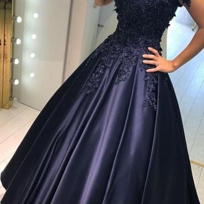 Charming off shoulder long prom dress, ball gown prom dress, modest prom dress, lace applique prom dress, navy blue prom dress 51468