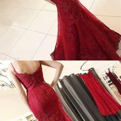 unique burgundy spaghetti straps mermaid prom dresses, elegant low back evening gowns with appliques, modest sweep train party dress 51631