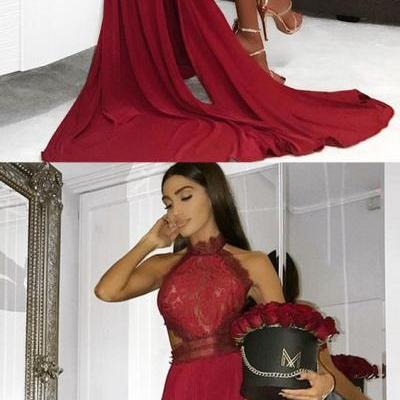 A-Line High Neck Floor-Length Dark Red Prom Dress with Lace Split 51777
