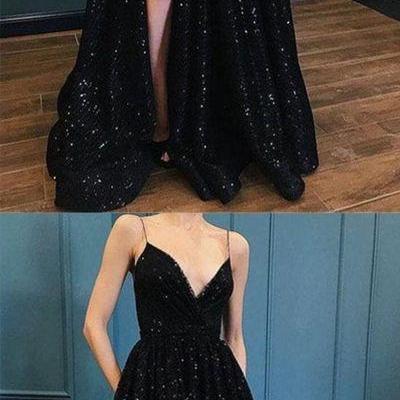 Hot Sexy A-Line Spaghetti Straps Black Long Prom Evening Dress with Split Front 51899