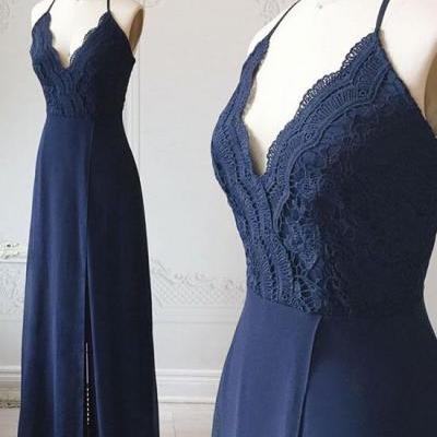 Blue v neck chiffon lace long prom dress, evening dress