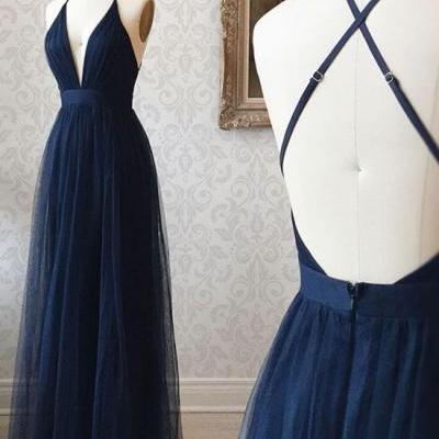 Simple v neck tulle long prom dress, dark blue evening dress