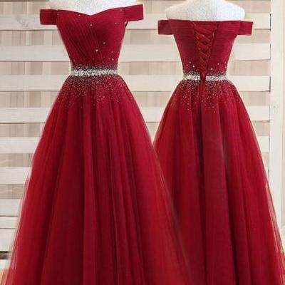  Burgundy A line Off the shoulder Sweetheart Prom Dresses, Beads Evening Dresses