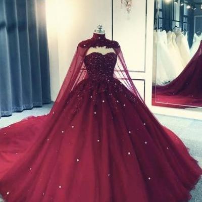 Burgundy Tulle Ball Gown Prom Dress With Cape
