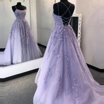 Elegant Lavender Prom Dresses,A line Evening Dress,Applique Party Gown