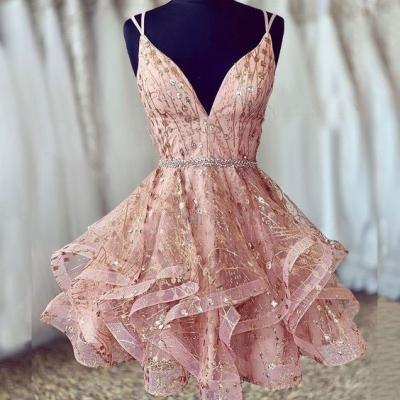 Pink Straps Short Homecoming Dresses Waist with Beaded