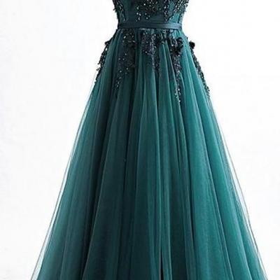 Romantic V neck Green Lace Appliques Tulle Long Prom Dress