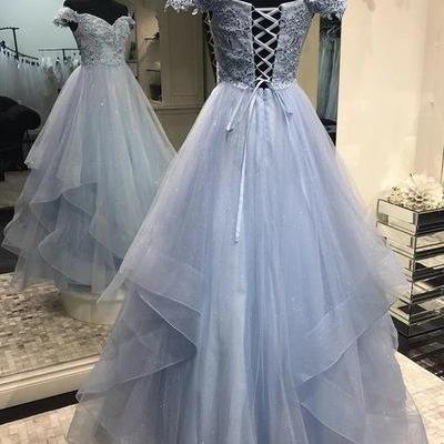 Light Blue Tulle Off The Shoulder Long Sweet 16 Prom Dress Lace Graduation Dress